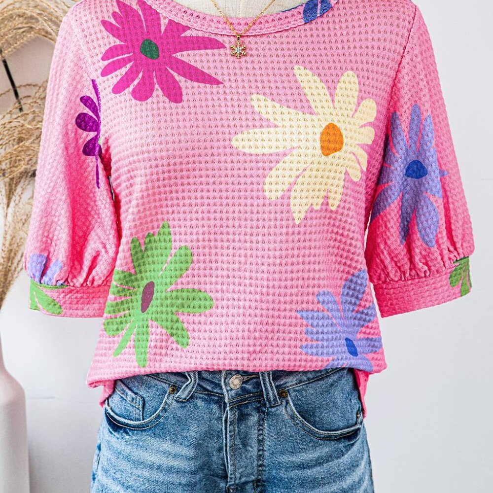 Pink Floral Waffle Knit Tee NWT Purple Reign Boutique